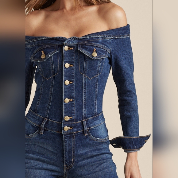 Venus NWOT Off-The-Shoulder Denim Jumpsuit - Dark Wash, Size 18 - Picture 5 of 14